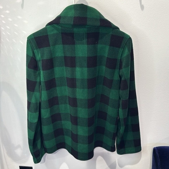 American Living Green Buffalo Plaid Fleece Pullover Collared Button Top - Picture 4 of 5